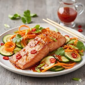 Salmón con Chile Dulce con Zanahorias, Calabacines y Cebollas