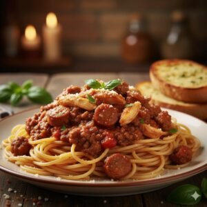 Espaguetis a la Boloñesa con Salchicha y Pollo