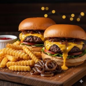 Hamburguesa con Queso y Carne Desmechada con Papas Fritas y Cebolla Caramelizada