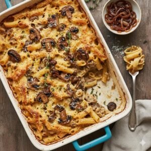 Pasta al horno con champiñones y cebolla caramelizada