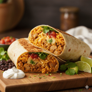 Burritos de pavo con chile y lima y arroz con queso