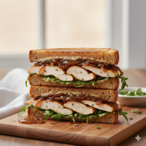 Sándwiches de pollo con hierbas y cebolla caramelizada