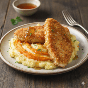Filetes de pollo crujientes con cayena  con puré de patata
