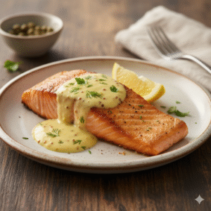 Salmón sellado con salsa de limón y mostaza Dijon