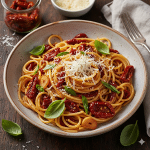 Espaguetis con tomate seco al sol