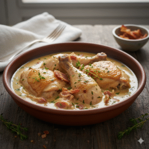 Pollo estofado con salsa de tocino