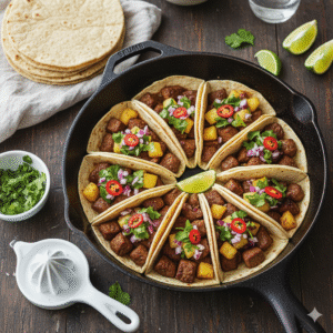 Tacos de bistec en una sola sartén con salsa de piña