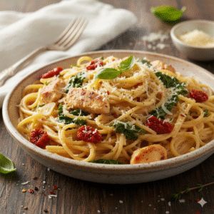 Espaguetis con pollo toscano y col rizada