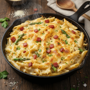 Pasta cremosa con espárragos y tocino al horno